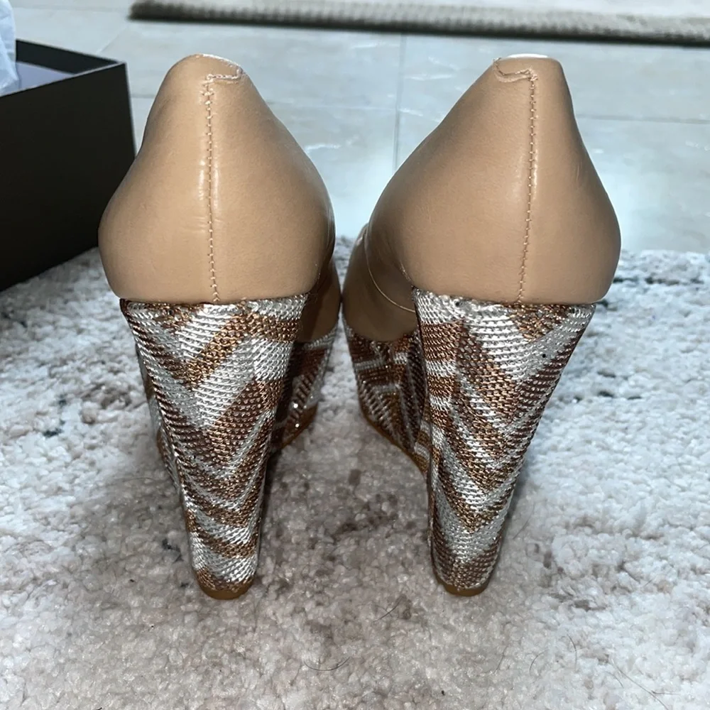 BEBE WEDGES! BRAND NEW!!! Metallic with Tan leather! Size: 6. Comes with Box!